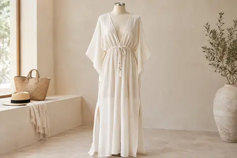 Caftan de plage long à col V, manches chauve-souris, lien à la taille et fentes latérales