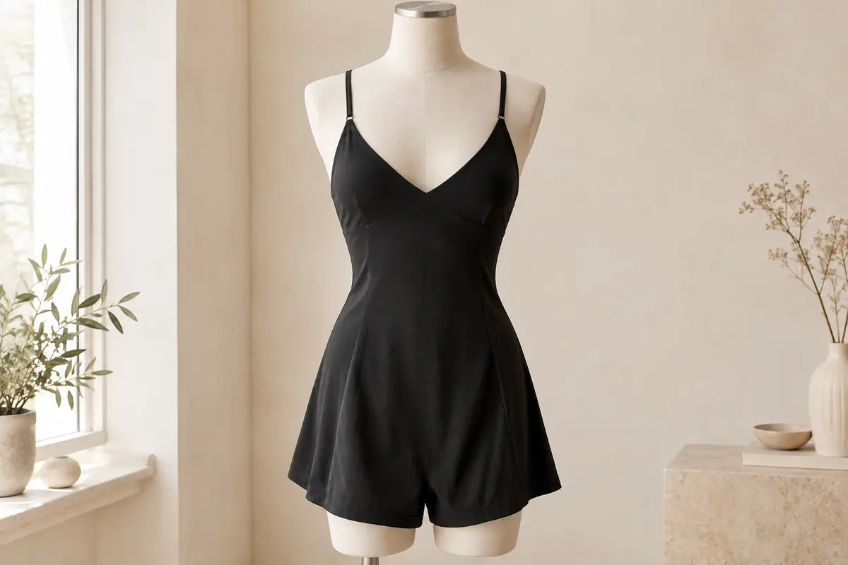 Robe de tennis noire à col en V et bretelles fines, présentée sur un mannequin sans tête dans un intérieur lumineux.