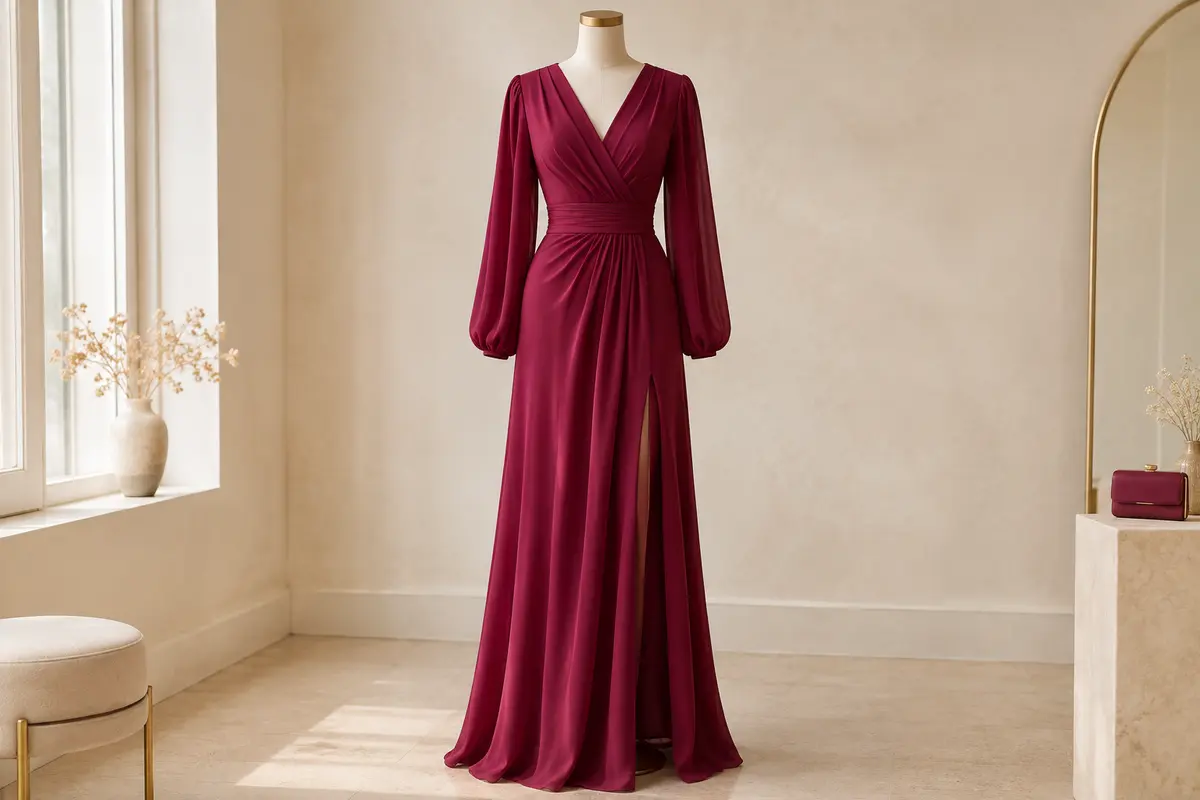 Robe longue rouge violacé à col cache-cœur, manches lanternes, taille plissée et fente latérale sur mannequin sans tête.