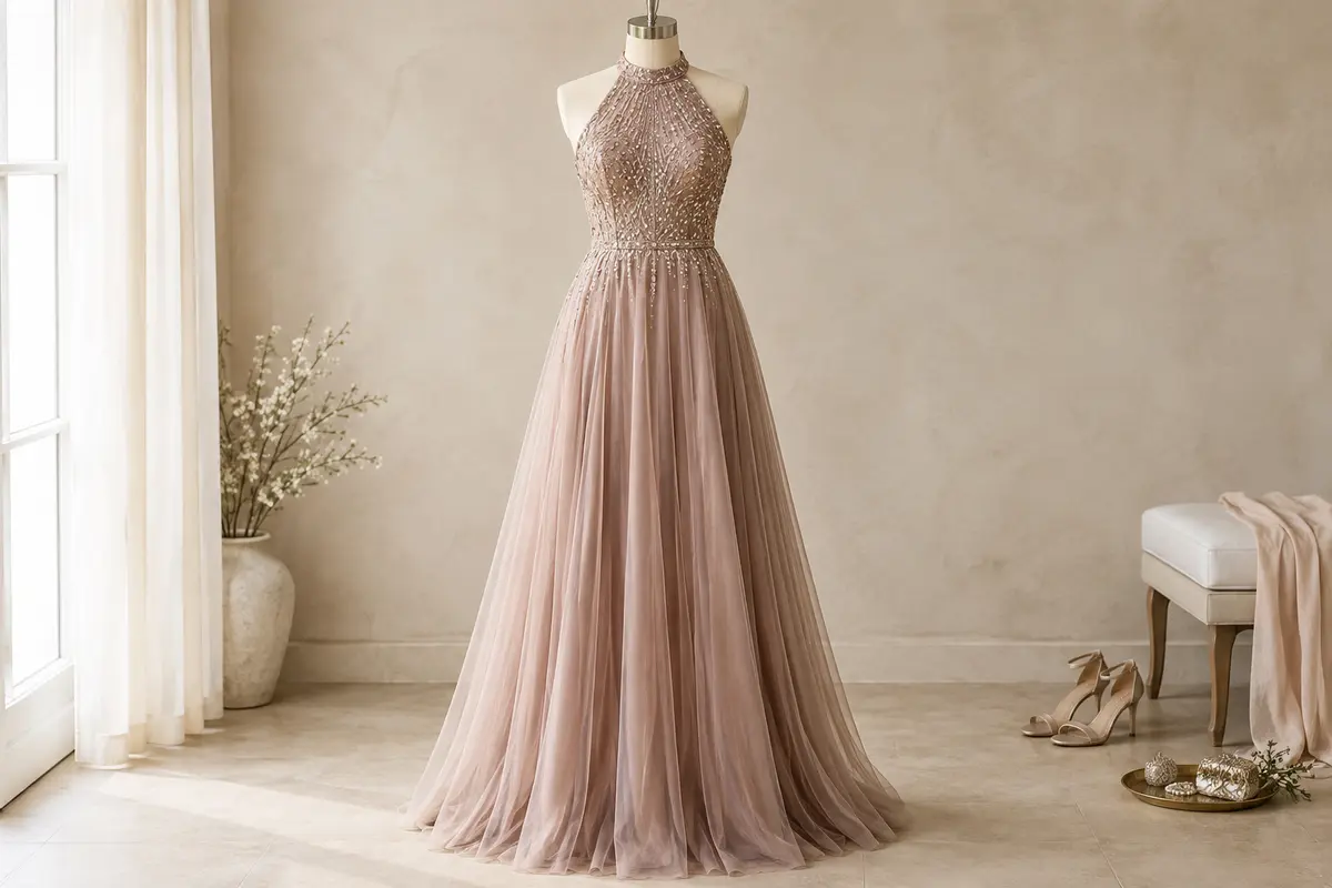 Robe longue blush taupe à col licou et corsage à sequins présentée sur un mannequin sans tête.
