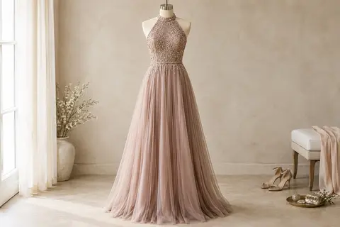 Robe longue blush taupe à col licou et corsage à sequins présentée sur un mannequin sans tête.