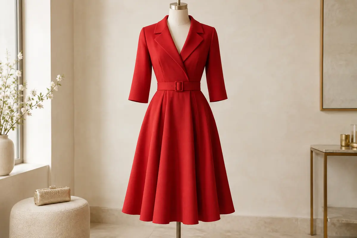 Robe cocktail midi rouge à coupe évasée, col en V à revers, manches trois-quarts et ceinture amovible