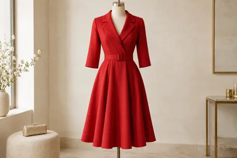 Robe cocktail midi rouge à coupe évasée, col en V à revers, manches trois-quarts et ceinture amovible