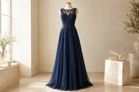 Robe de cocktail longue bleu marine en mousseline, à coupe évasée et appliques florales ajourées.