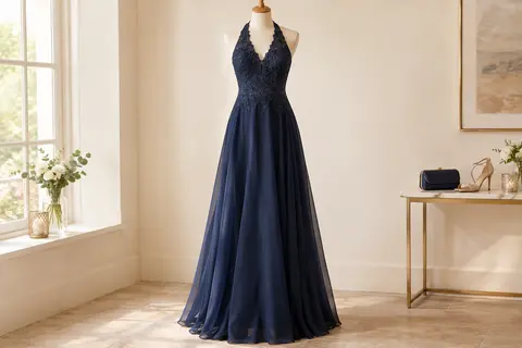 Robe de soirée longue bleu marine en dentelle brodée et mousseline, présentée sur un mannequin sans tête.