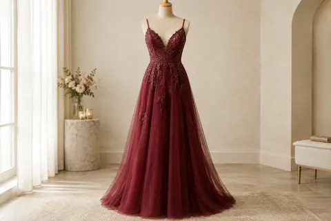 Robe longue bordeaux à col V, dos nu et dentelle perlée sur mannequin de vitrine sans tête.
