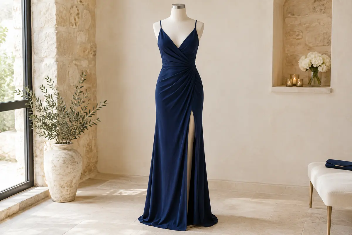 Robe de cocktail longue bleu marine à bretelles fines, décolleté en V et fente latérale haute