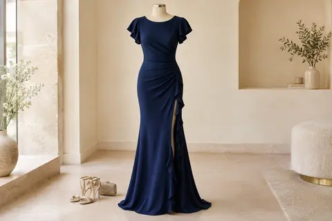 Robe de soirée bleu marine longue, avec manches volantées, fente latérale et ourlet sirène, sur mannequin sans tête.