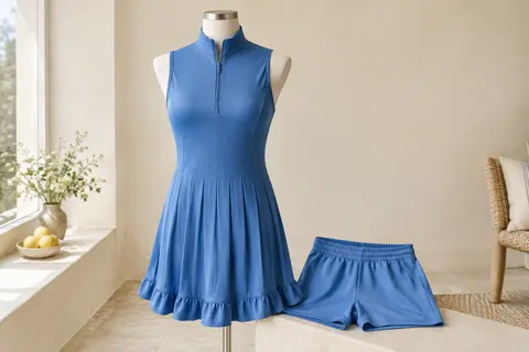 Robe polo de tennis bleue sans manches, plissée et à volants, présentée avec son short séparé.