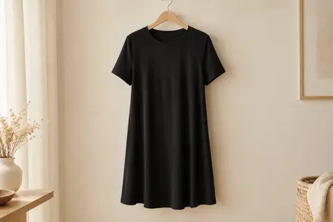 Robe tee-shirt noire à manches courtes et coupe ample présentée sur un cintre dans un intérieur lumineux