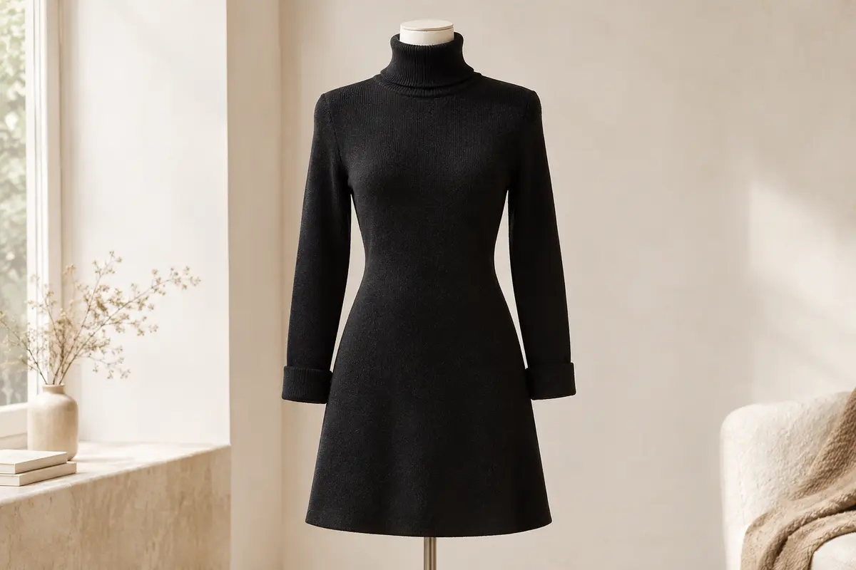 Robe pull noire en tricot à col roulé et manches longues, présentée sur un mannequin sans tête