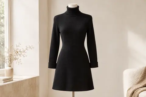 Robe pull noire en tricot à col roulé et manches longues, présentée sur un mannequin sans tête