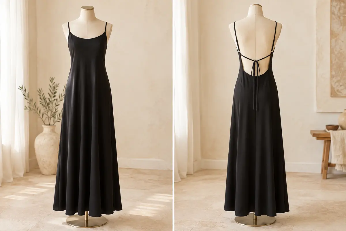 Robe longue noire sans manches sur mannequin, avec coupe fluide, bretelles réglables et dos ouvert
