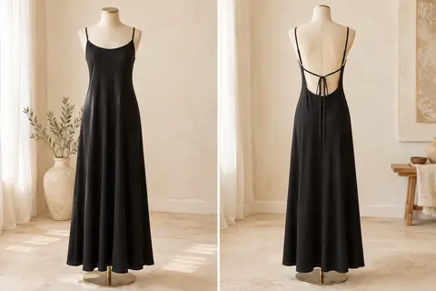 Robe longue noire sans manches sur mannequin, avec coupe fluide, bretelles réglables et dos ouvert