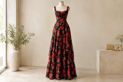 Robe longue noire à fleurs rouges, taille cintrée, encolure dégagée et jupe évasée à volants