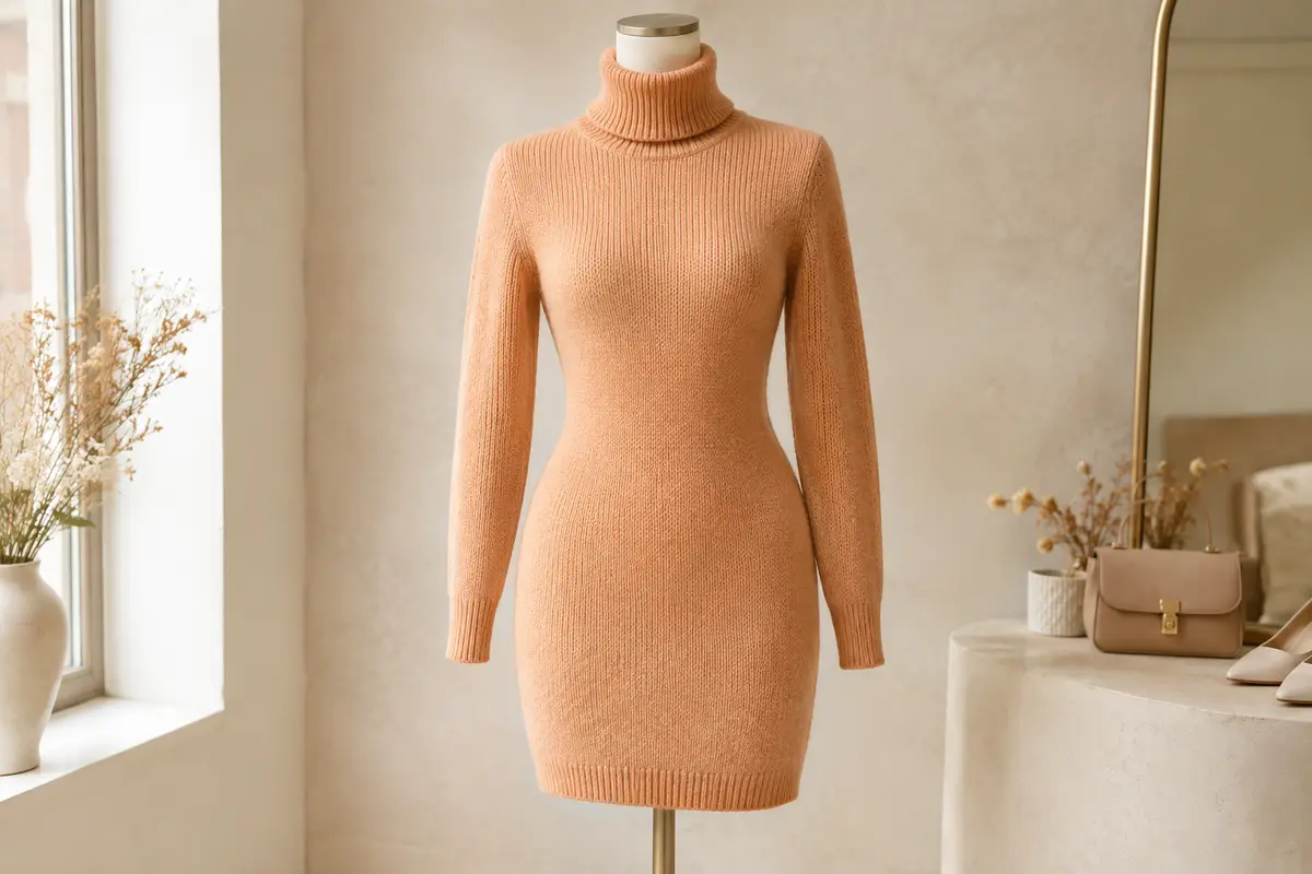 Robe pull en maille abricot à col roulé et manches longues sur un mannequin de vitrine sans tête.