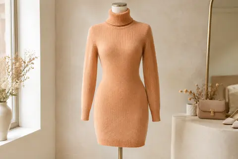 Robe pull en maille abricot à col roulé et manches longues sur un mannequin de vitrine sans tête.