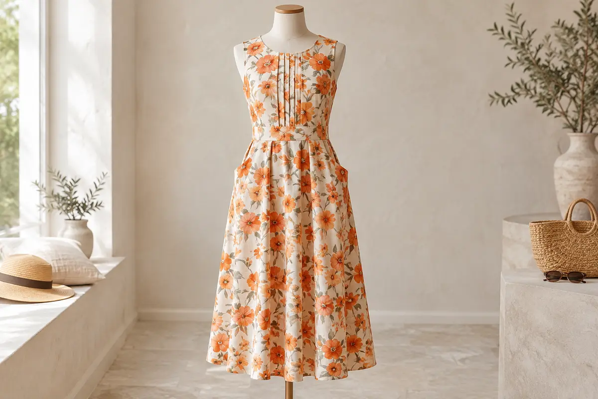 Robe midi sans manches à imprimé floral orange, présentée sur un mannequin de vitrine dans un intérieur lumineux.