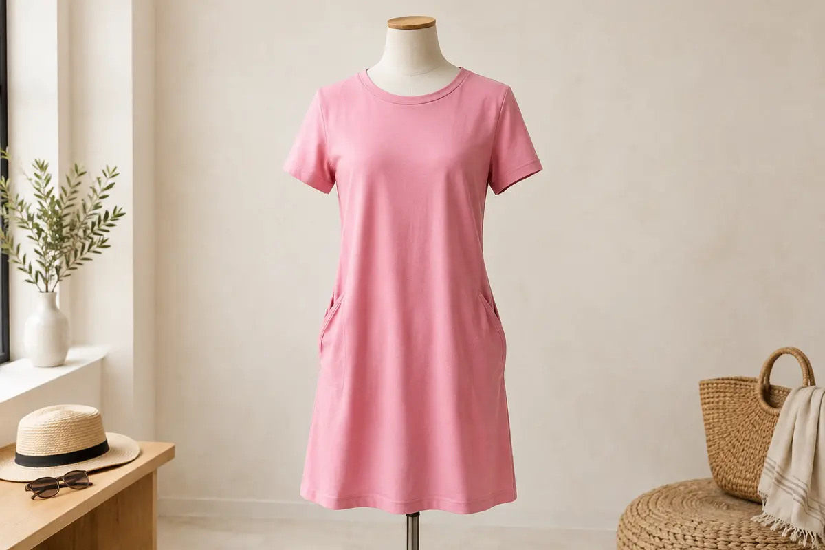 Robe tee-shirt rose à col rond, manches courtes et poches latérales, présentée sur un mannequin sans tête.