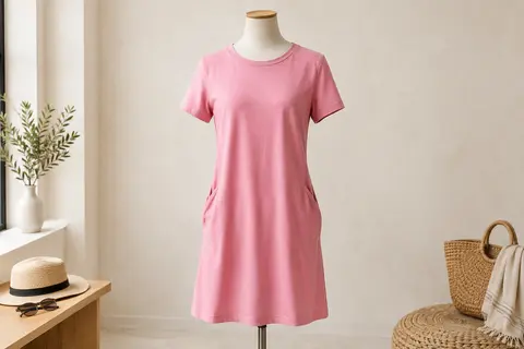 Robe tee-shirt rose à col rond, manches courtes et poches latérales, présentée sur un mannequin sans tête.