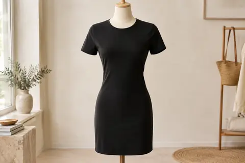 Robe tee-shirt noire en coton à coupe ajustée, présentée sur un mannequin de vitrine sans tête