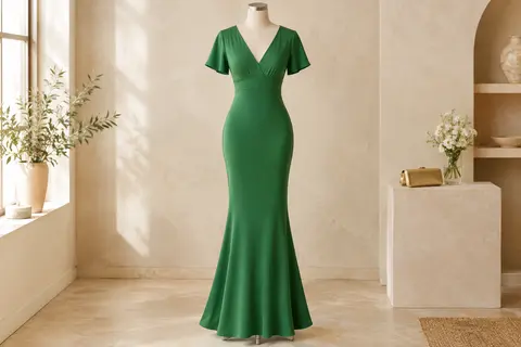 Robe longue verte en polyester sur mannequin sans tête, avec col V, manches courtes et ourlet sirène