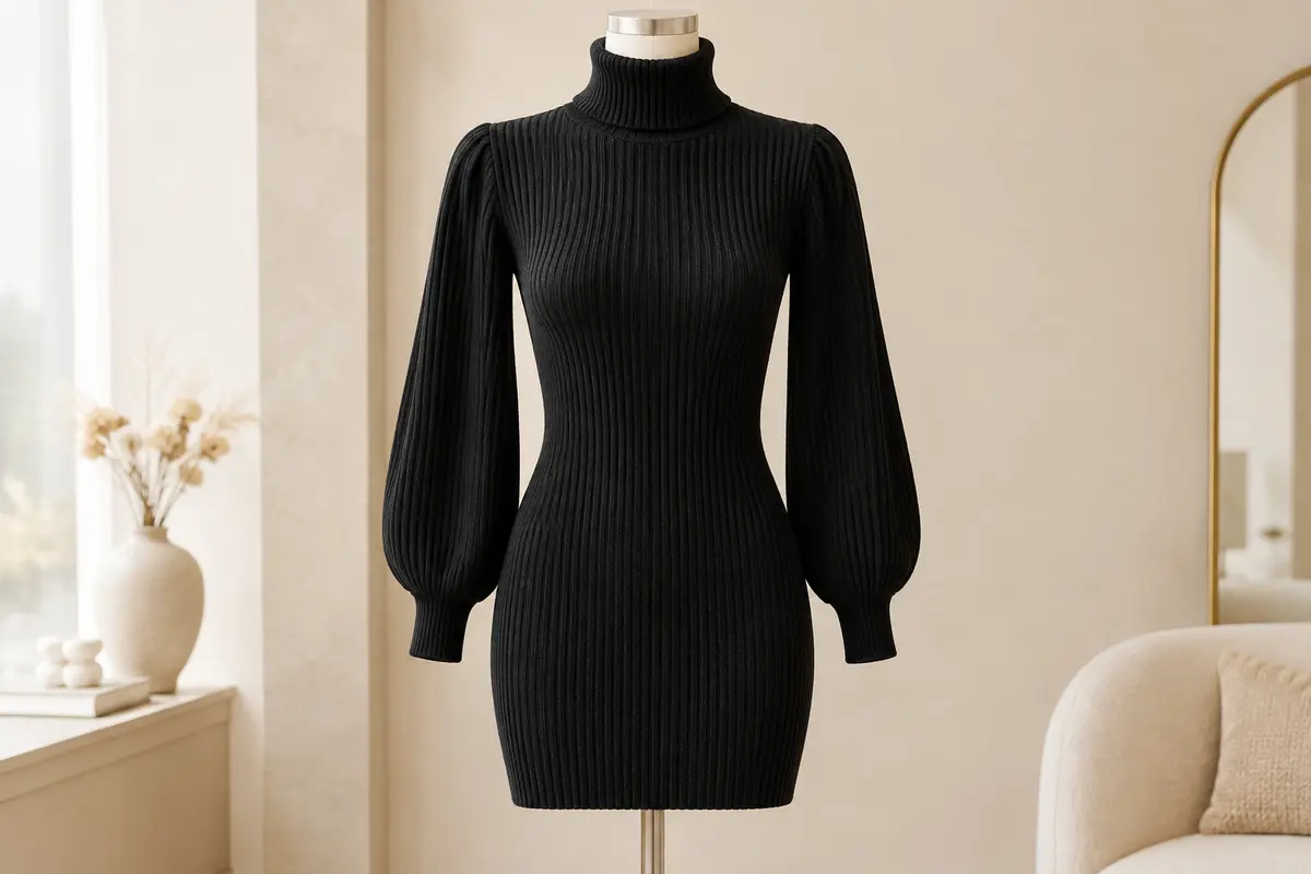 Mini robe pull noire en maille côtelée, à col roulé, coupe ajustée et manches longues lanternes.