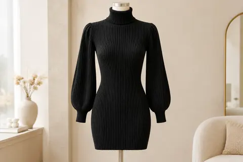Mini robe pull noire en maille côtelée, à col roulé, coupe ajustée et manches longues lanternes.