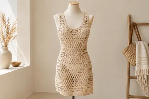 Robe de plage beige courte et sans manches en maille ajourée au crochet, présentée sur un mannequin de vitrine.