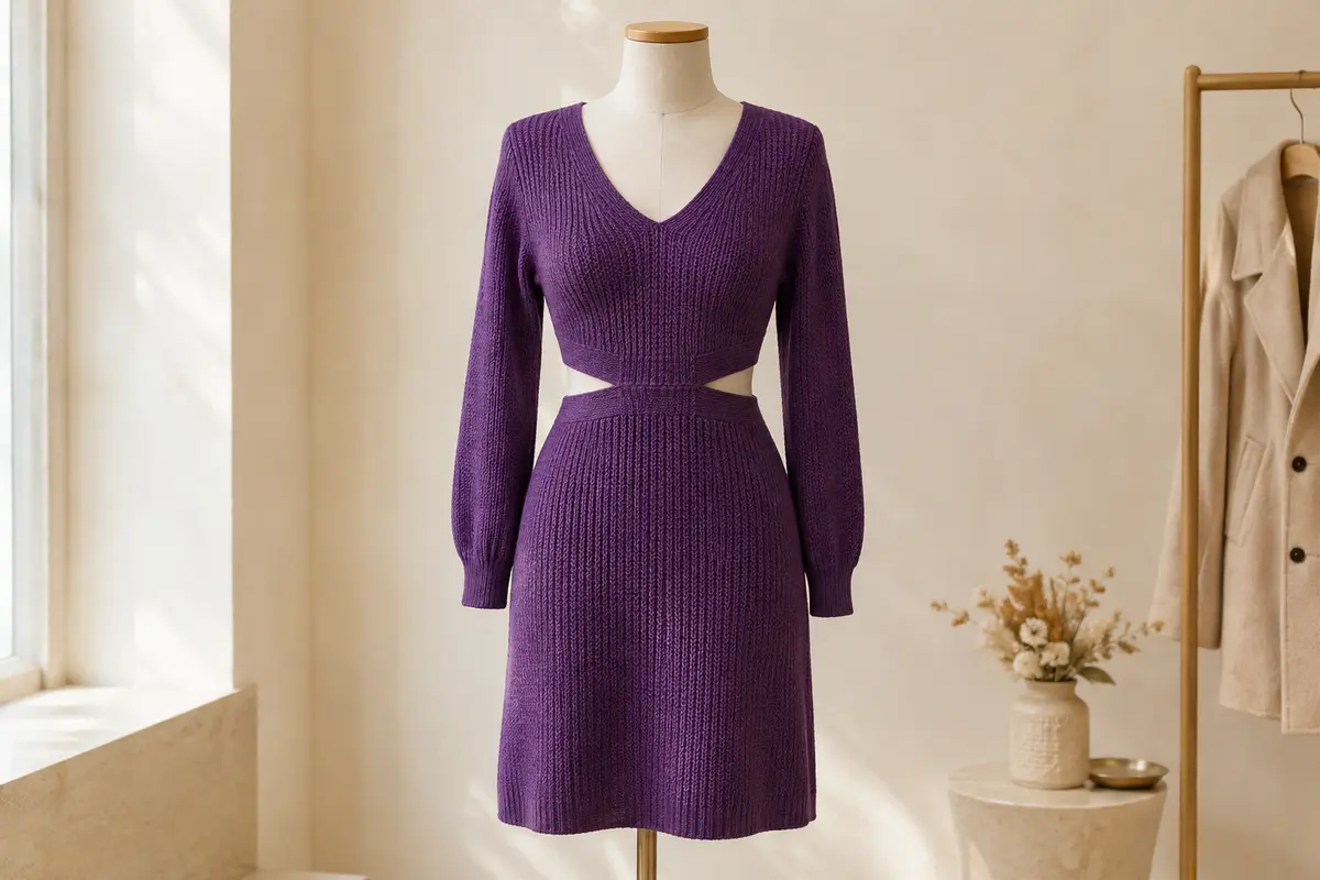 Robe pull violette en maille unie, à manches longues, avec col en V et découpe à la taille