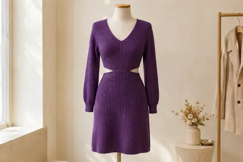 Robe pull violette en maille unie, à manches longues, avec col en V et découpe à la taille