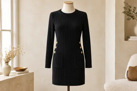 Robe pull noire à manches longues, avec col rond, texture côtelée, poches et boutons décoratifs sur les côtés.
