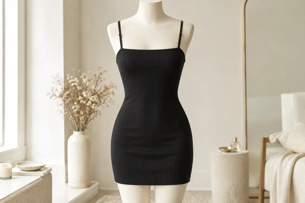 Mini robe noire côtelée à coupe moulante, encolure carrée et bretelles réglables présentée sur mannequin