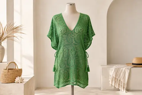 Tunique de plage verte en crochet, à col V et liens latéraux à glands, présentée sur un mannequin sans tête.