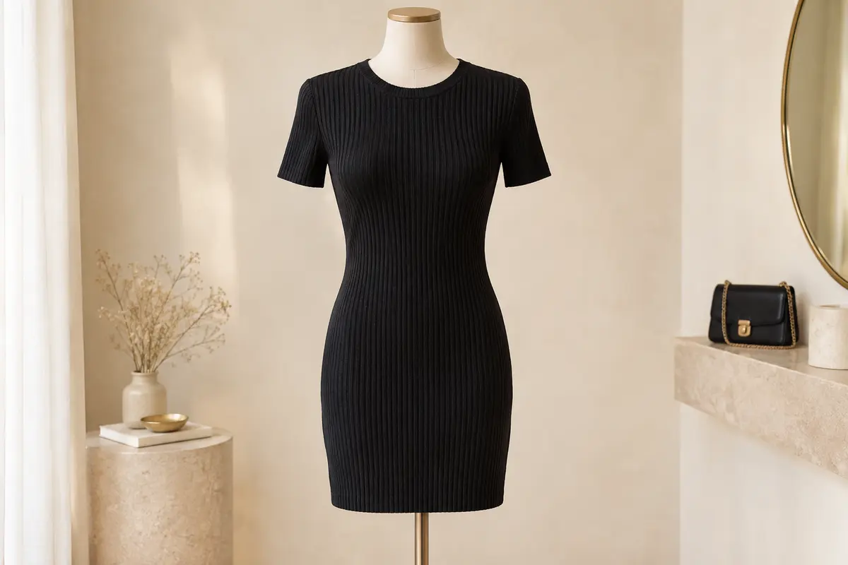 Robe courte noire en maille côtelée présentée sur un mannequin de vitrine sans tête