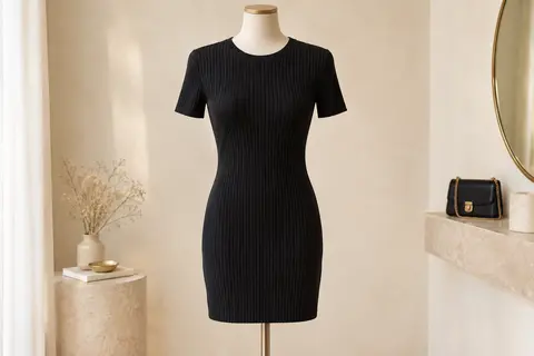 Robe courte noire en maille côtelée présentée sur un mannequin de vitrine sans tête