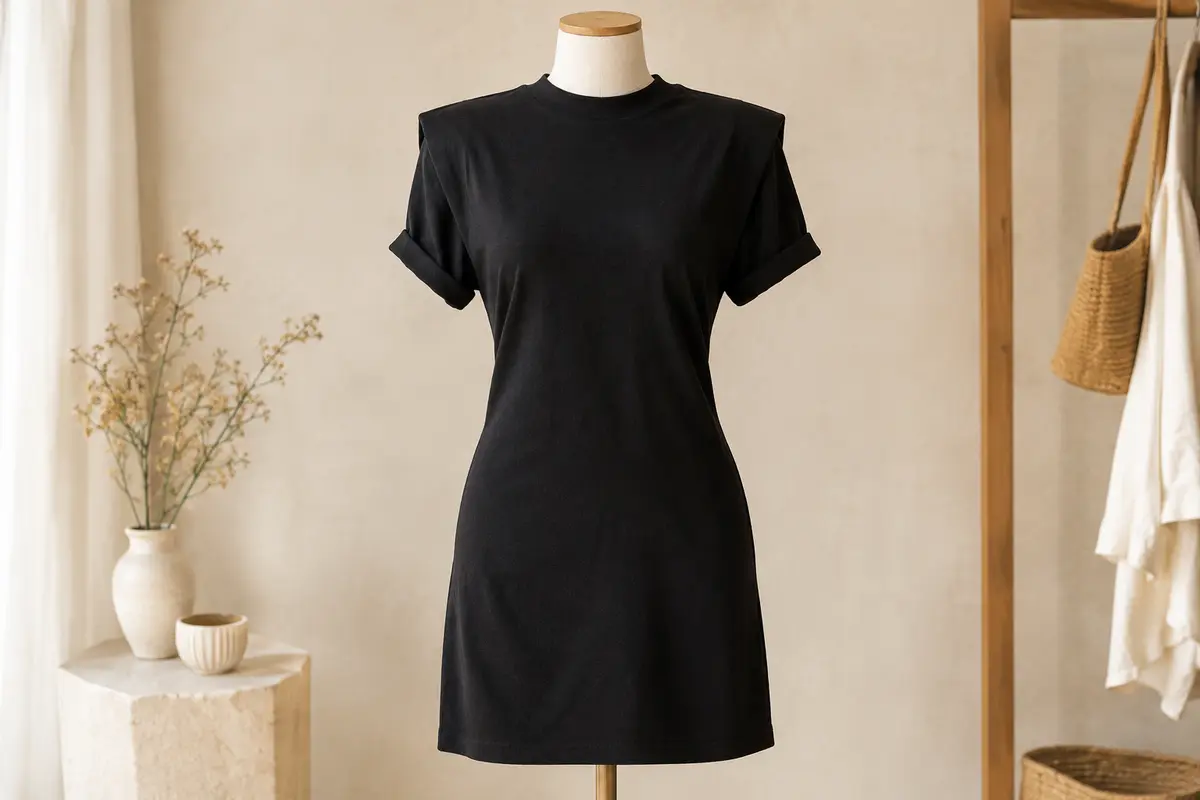 Robe tee-shirt noire en jersey de coton, à épaules allongées, col rond et manches retroussées, sur mannequin sans tête.