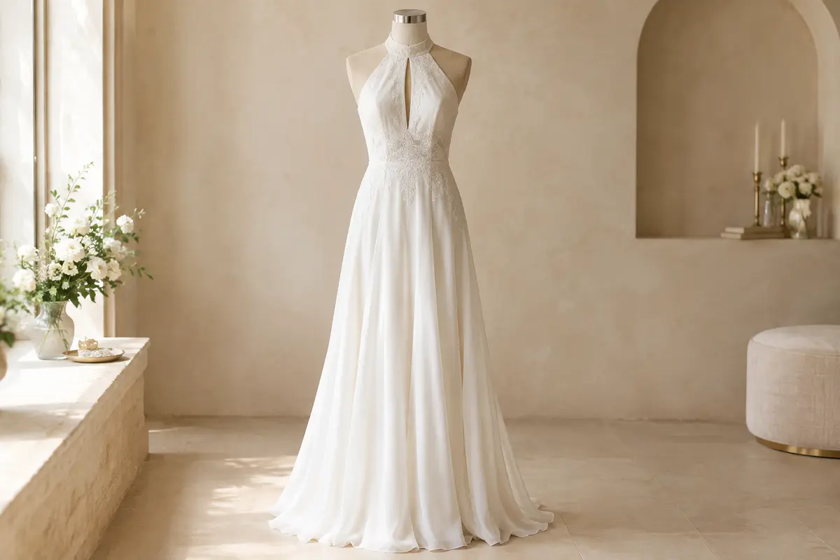 Robe longue blanche en mousseline de soie et dentelle, sans manches et à col halter, sur mannequin sans tête.