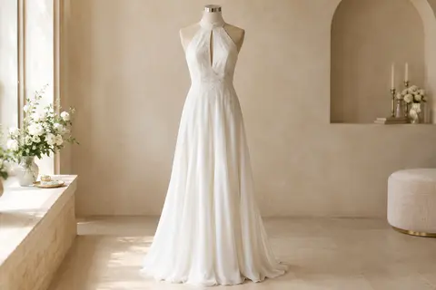 Robe longue blanche en mousseline de soie et dentelle, sans manches et à col halter, sur mannequin sans tête.