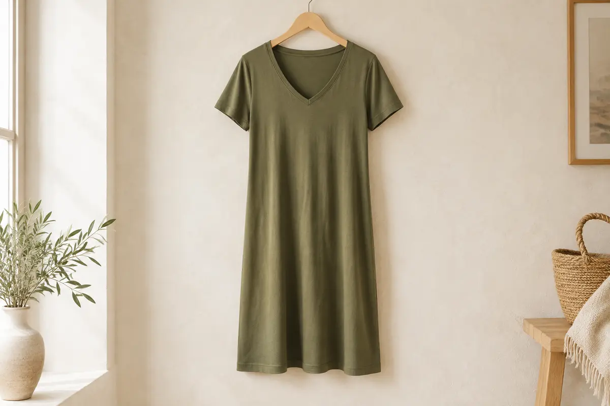 Robe tee-shirt kaki à manches courtes et col V, présentée seule sur un cintre dans un intérieur clair.
