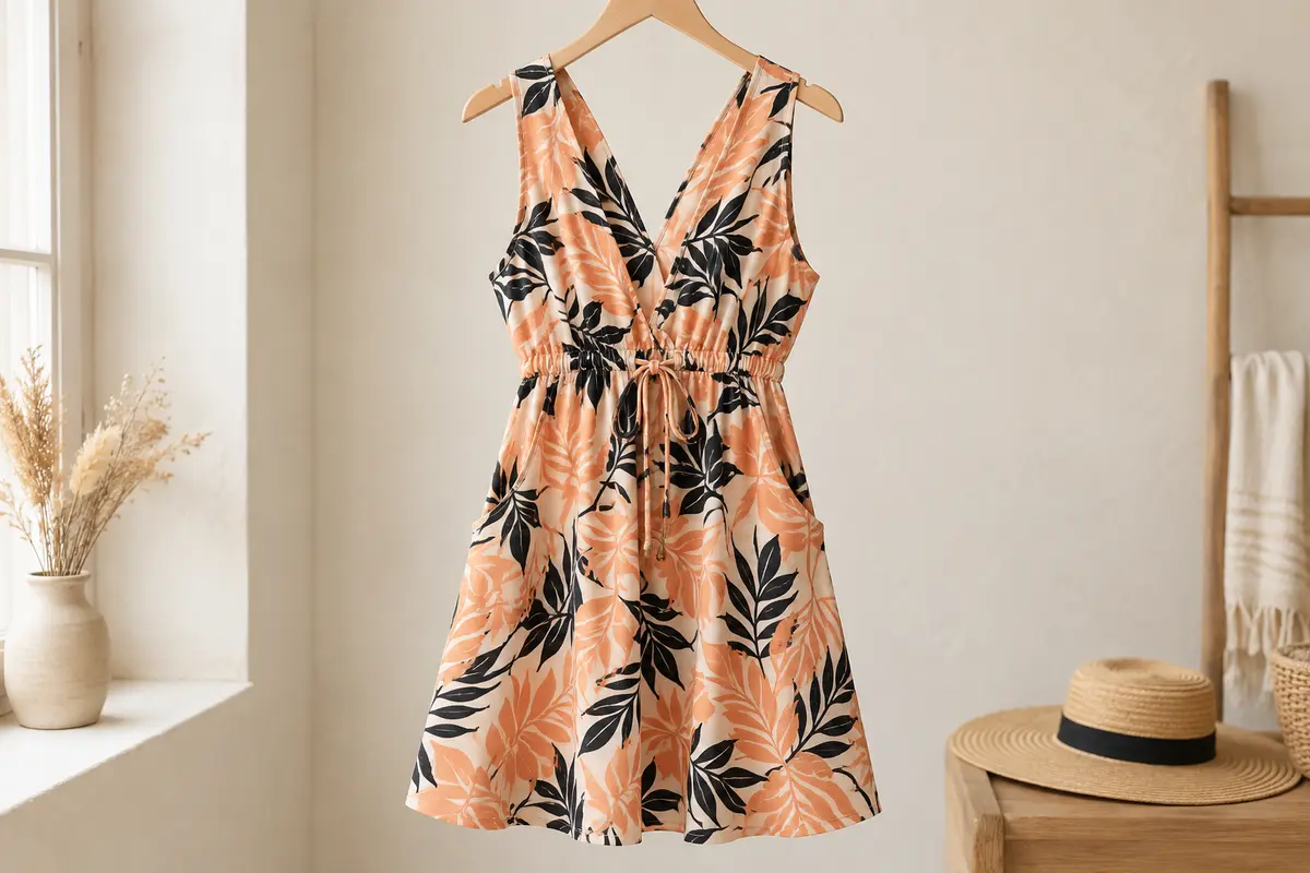 Robe d’été courte imprimée, sans manches, avec cordon à la taille et poches latérales, sur cintre