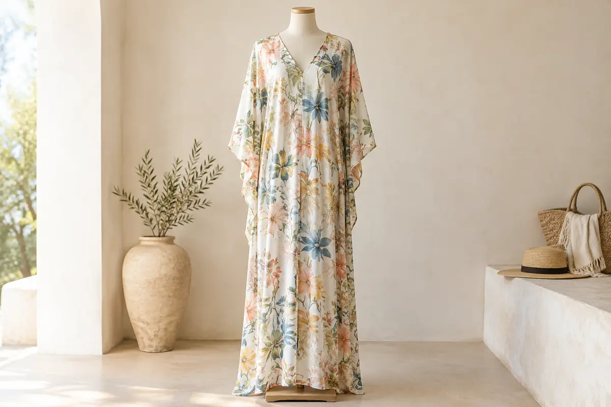 Caftan de plage long en viscose à imprimé floral, présenté seul sur un mannequin de vitrine sans tête.