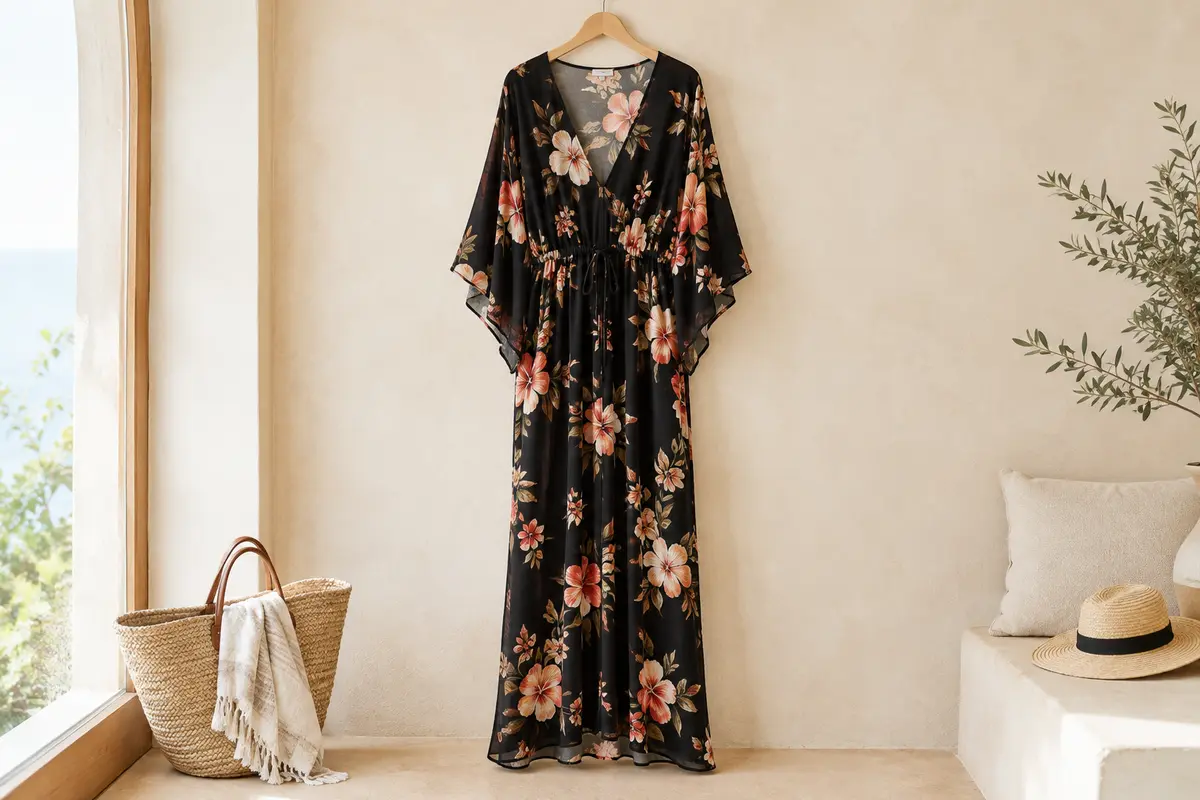 Caftan long noir à imprimé floral présenté sur un mannequin sans tête dans un intérieur lumineux.