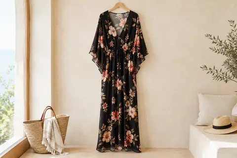 Caftan long noir à imprimé floral présenté sur un mannequin sans tête dans un intérieur lumineux.