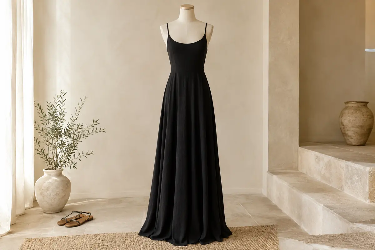 Robe d’été longue noire à fines bretelles, col rond et dos nu, présentée sur mannequin sans tête.