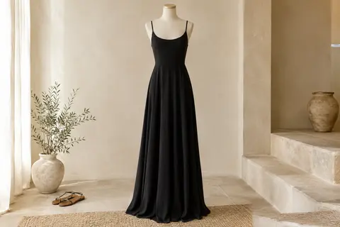 Robe d’été longue noire à fines bretelles, col rond et dos nu, présentée sur mannequin sans tête.
