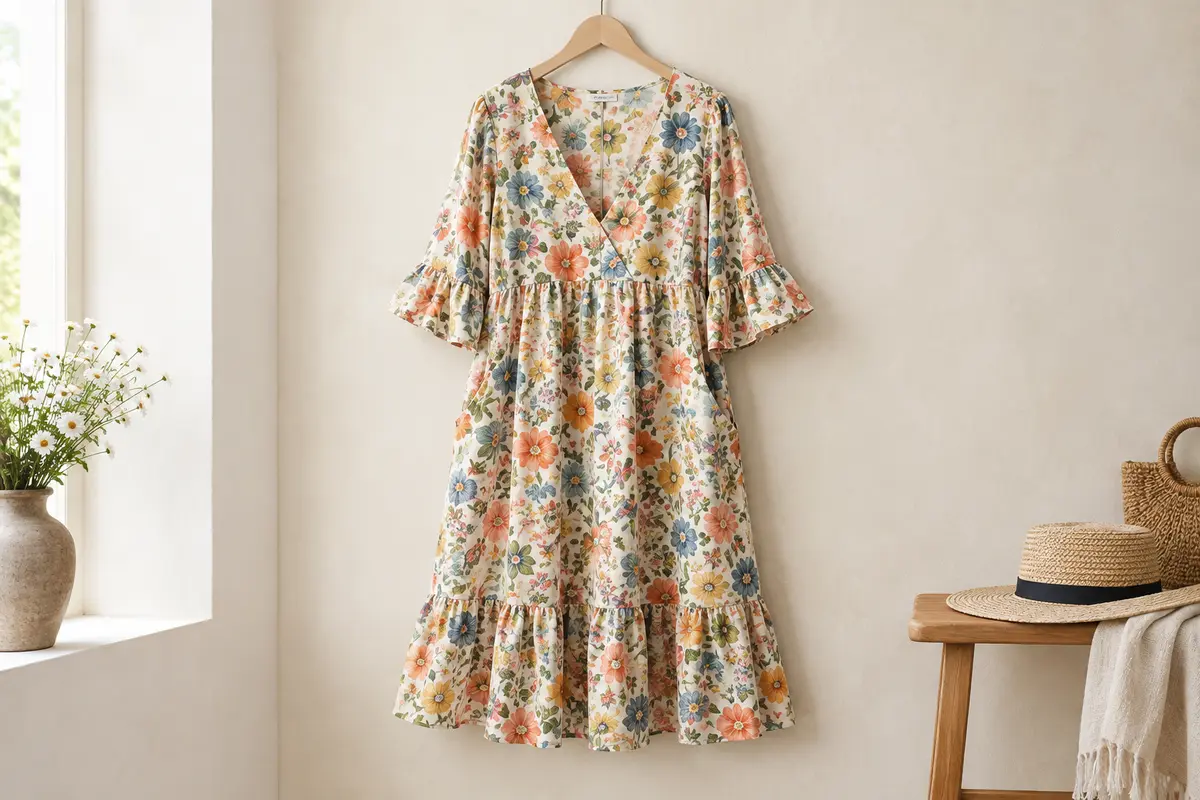 Robe d’été trapèze à imprimé floral, manches trois-quarts à volants, col en V et poches latérales