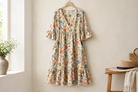 Robe d’été trapèze à imprimé floral, manches trois-quarts à volants, col en V et poches latérales