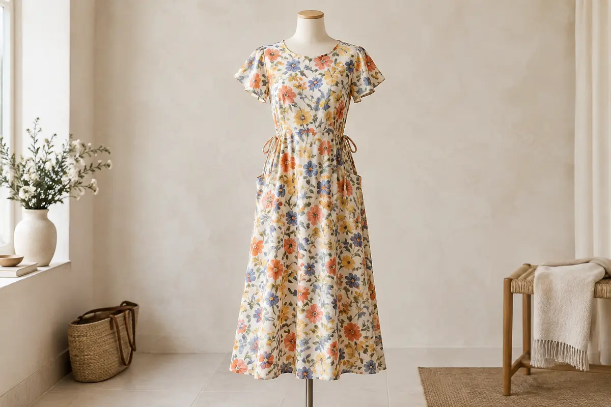 Robe midi à fleurs Zeagoo sur mannequin sans tête, avec manches pétales et liens réglables à la taille