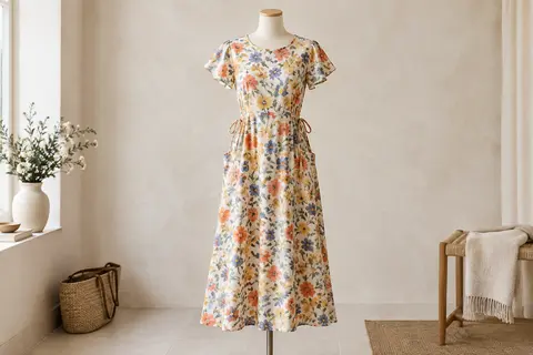 Robe midi à fleurs Zeagoo sur mannequin sans tête, avec manches pétales et liens réglables à la taille